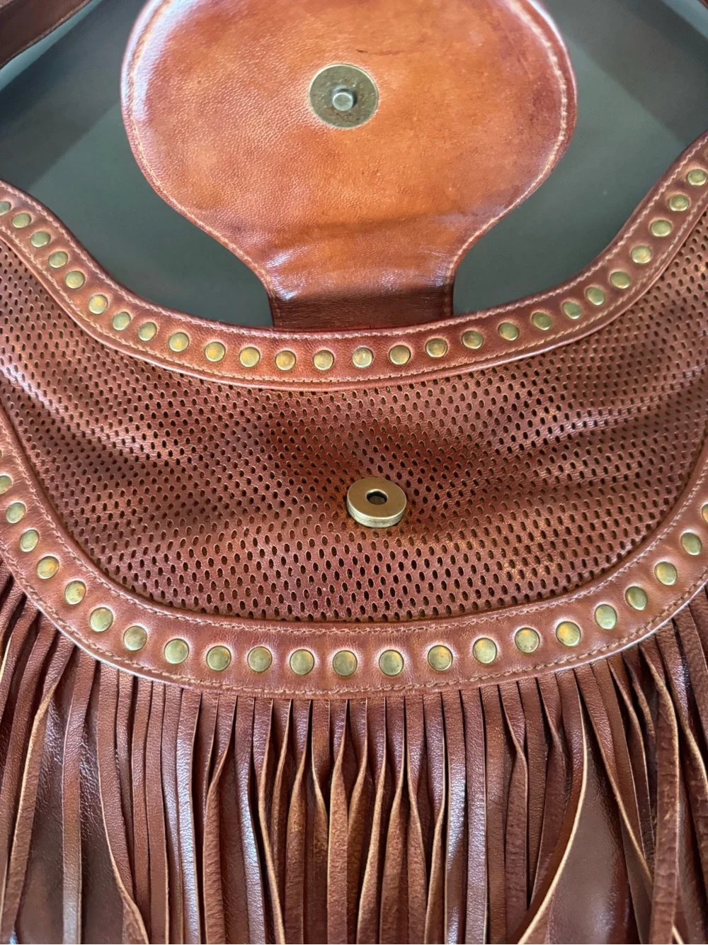 Scully Brown Leather Fringe Hobo with Gold Studs -genuine leather - NEVER USED